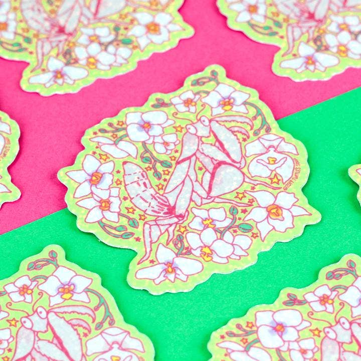 Orchid Flower Mantis Art Pink Holographic Vinyl Sticker