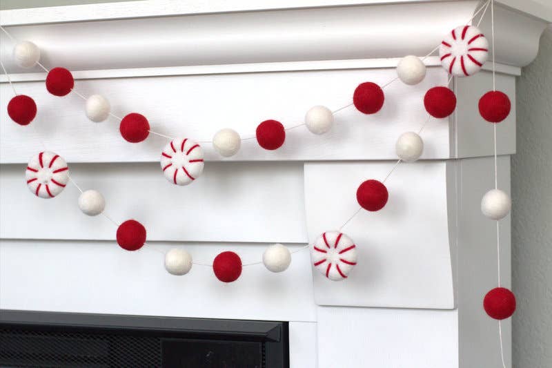 Peppermint Felt Ball Christmas Garland - Red & White