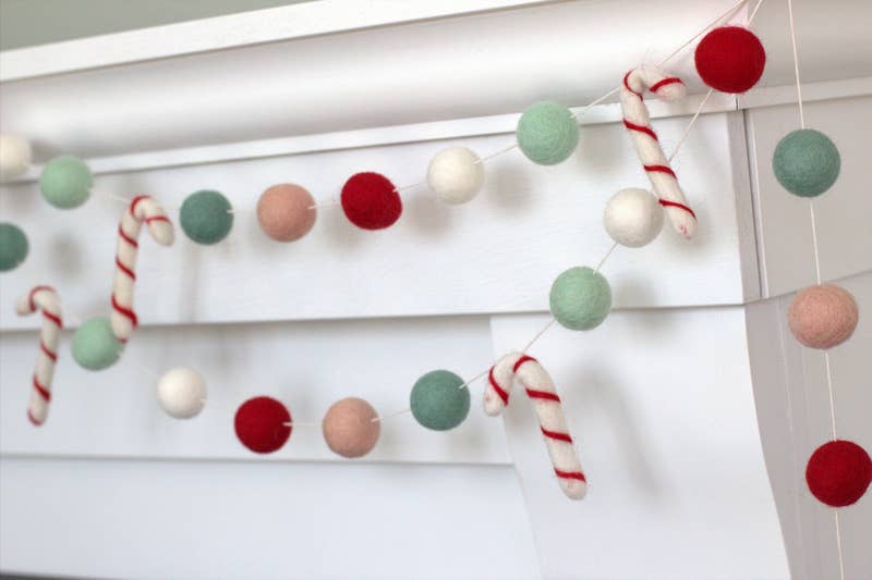 Candy Cane Christmas Felt Ball Garland - Pastel