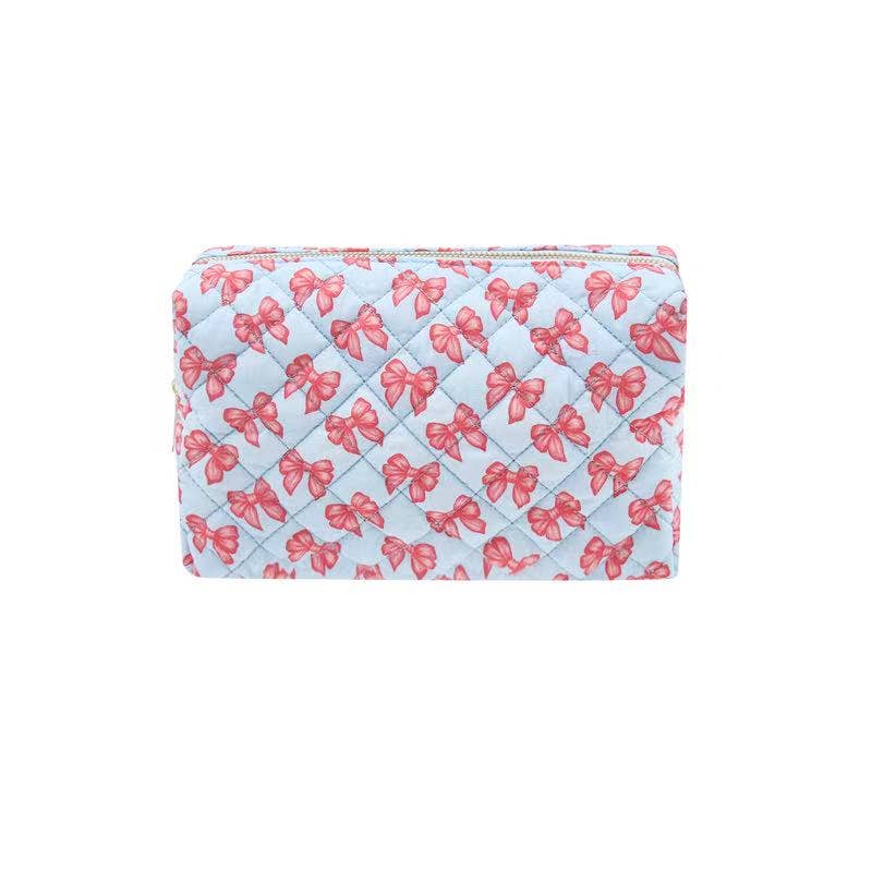 Karma Blue Bow Travel Quilted Makeup Cosmetic Vanity Bag