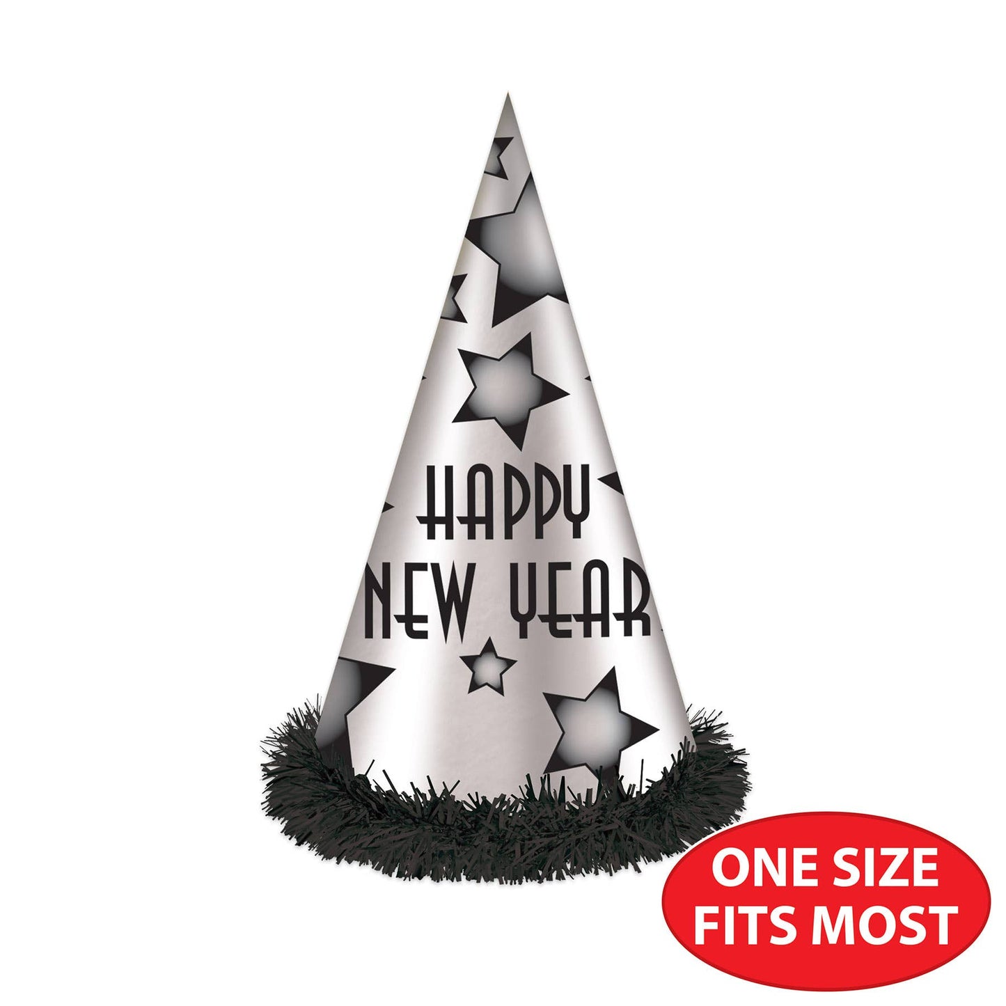 Happy New Year 12" Party Hats, Black & Silver Cone Shaped