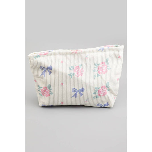 FLORAL AND BOW PRINT CORDUROY TRAVEL MAKEUP POUCH