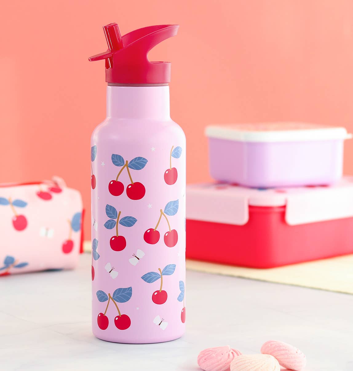 XL stainless steel drink/water bottle: Cherries