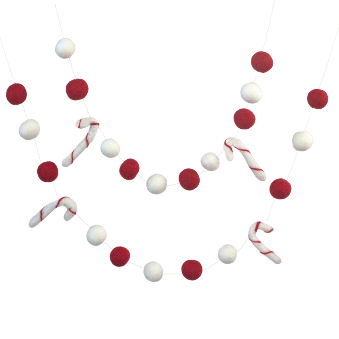 Candy Cane Christmas Felt Ball Garland - Red White