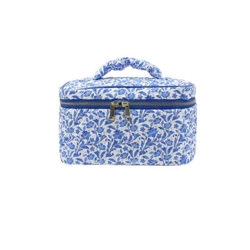 Karma Blue Floral Toile Quilted Makeup Cosmetic Vanity Bag