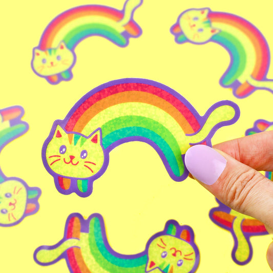 GLITTER Rainbow Cat Valentine's Day Vinyl Sticker