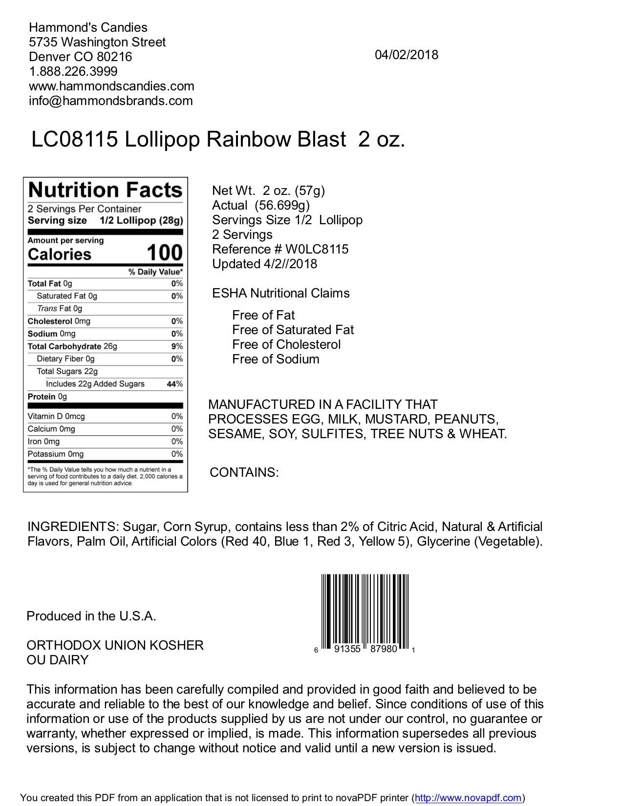 Handmade Lollipop w/ Bow - Rainbow Blast Fruit Punch - 2 oz