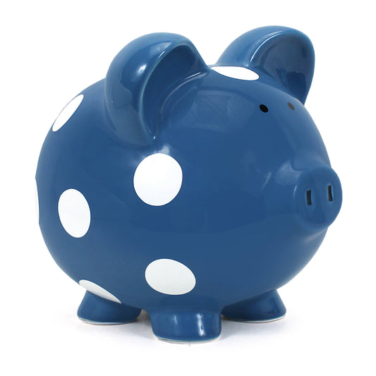 Large Dark Blue Piggy Bank with White Dot