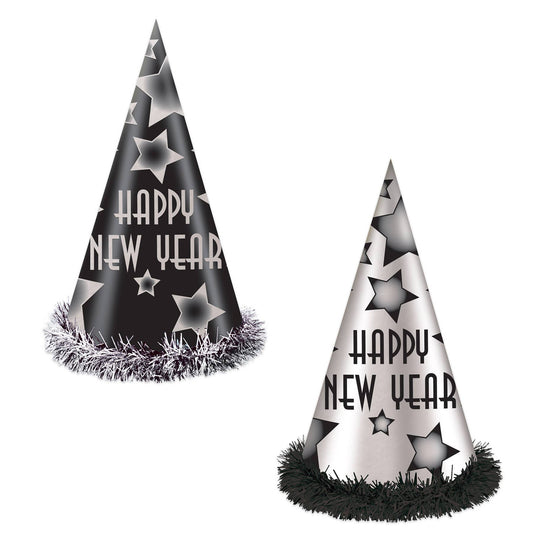 Happy New Year 12" Party Hats, Black & Silver Cone Shaped