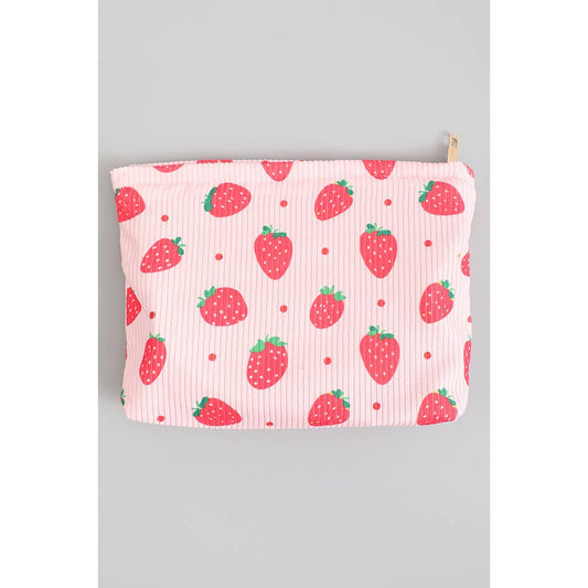 STRAWBERRY PRINT CORDUROY MAKEUP TRAVEL POUCH
