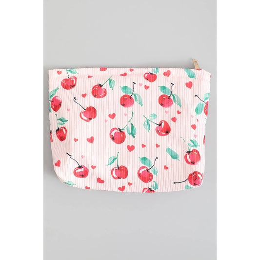 CHERRY PRINT CORDUROY MAKEUP TRAVEL POUCH