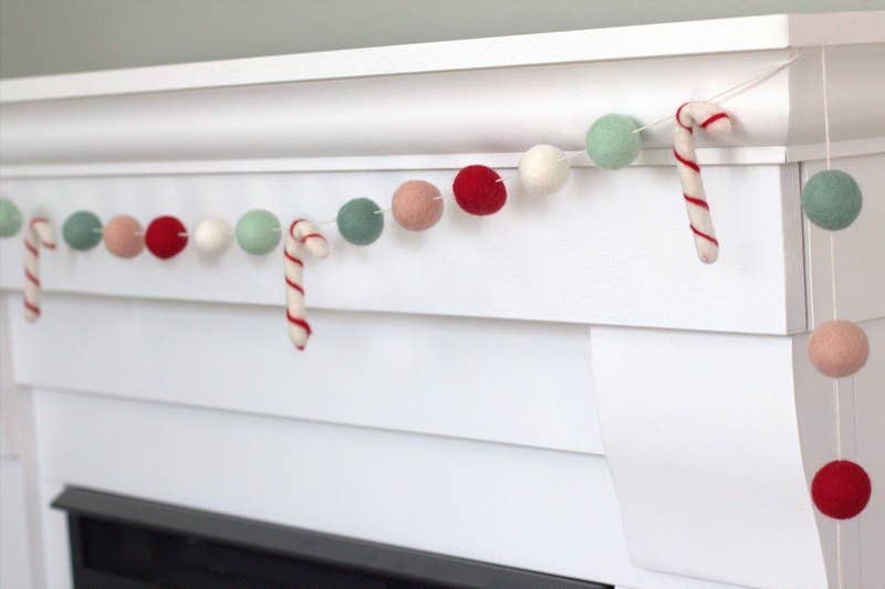Candy Cane Christmas Felt Ball Garland - Pastel