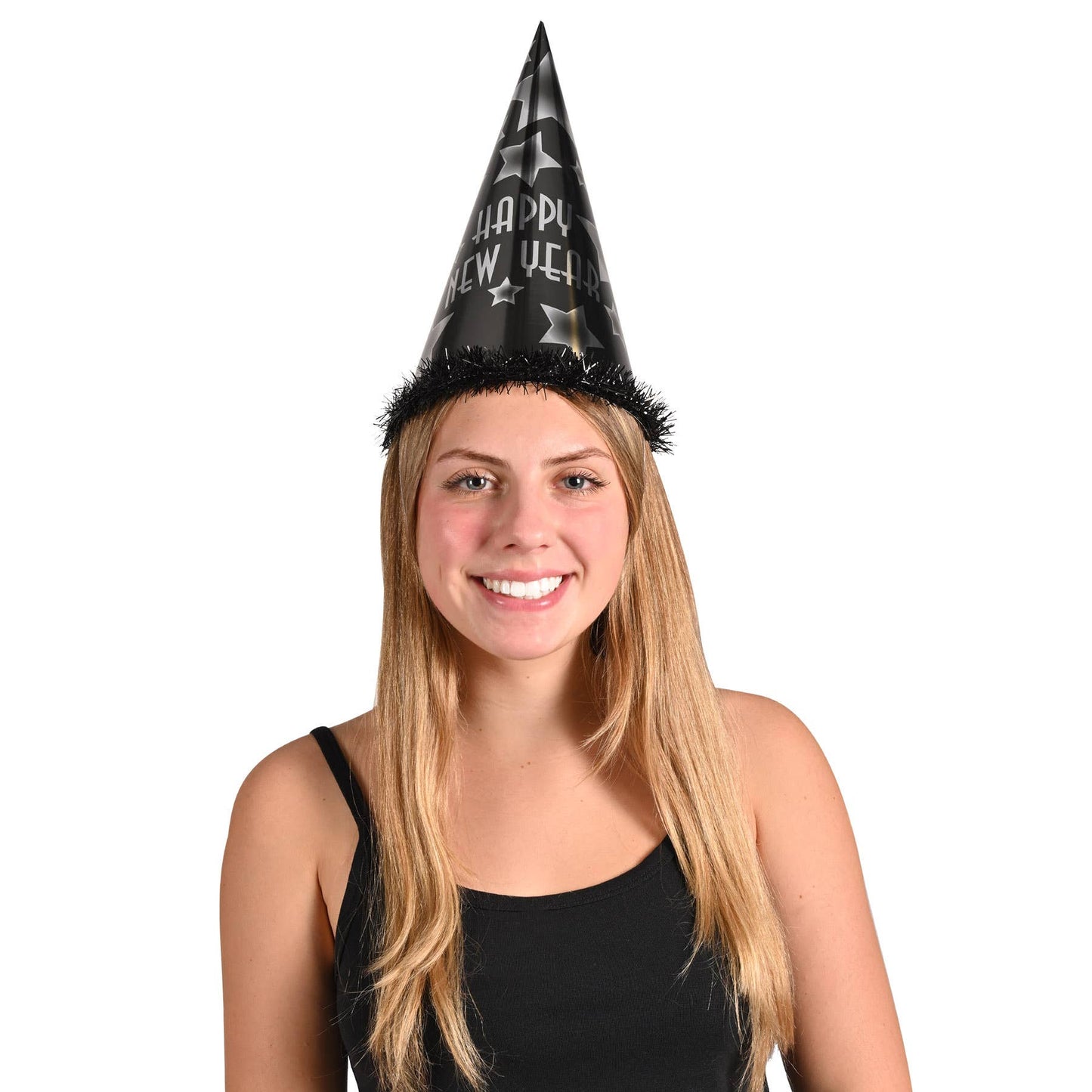 Happy New Year 12" Party Hats, Black & Silver Cone Shaped