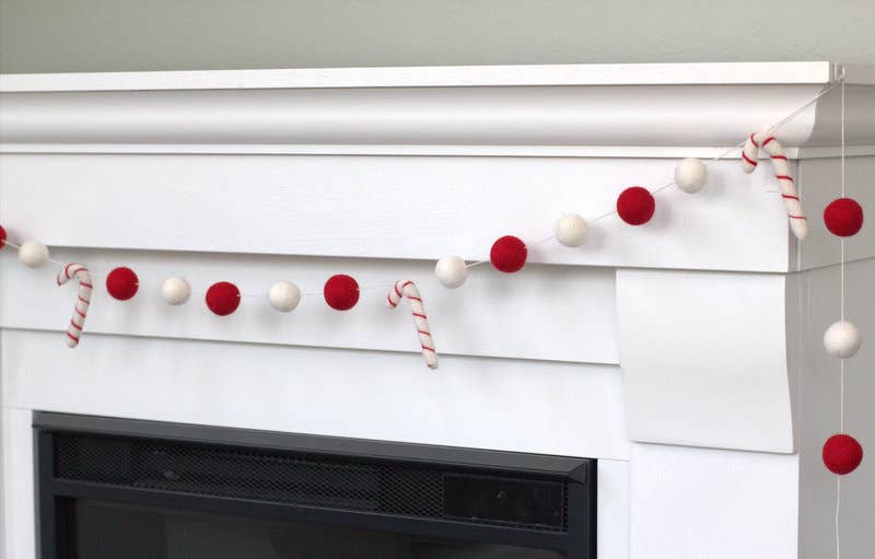 Candy Cane Christmas Felt Ball Garland - Red White
