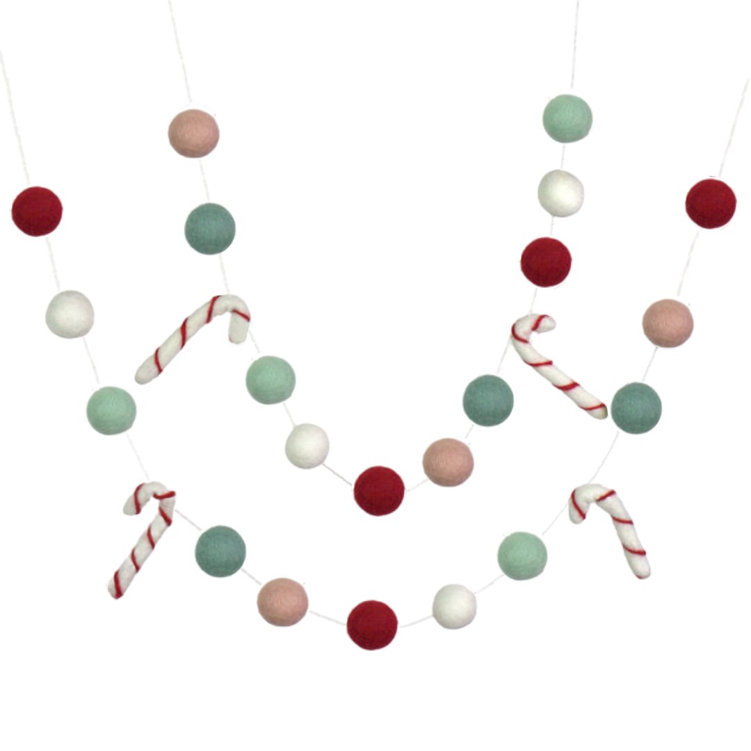 Candy Cane Christmas Felt Ball Garland - Pastel