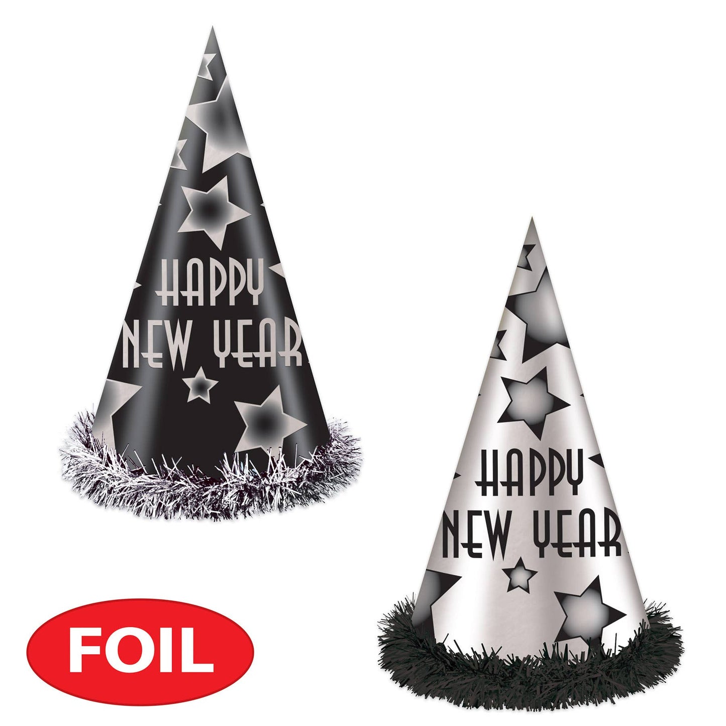 Happy New Year 12" Party Hats, Black & Silver Cone Shaped