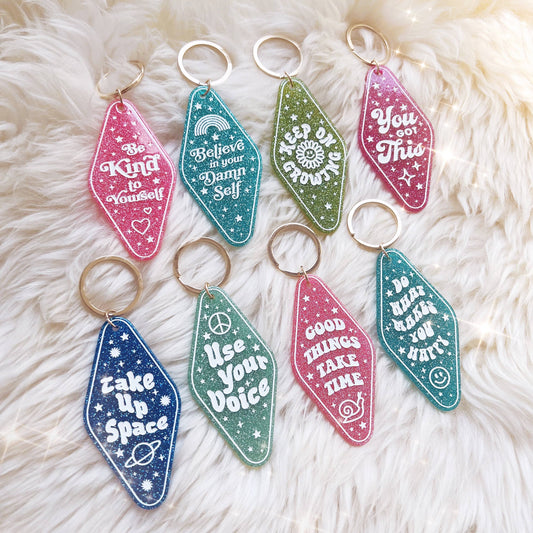 Positive Affirmation Glitter Motel Keychain Stocking Stuffer