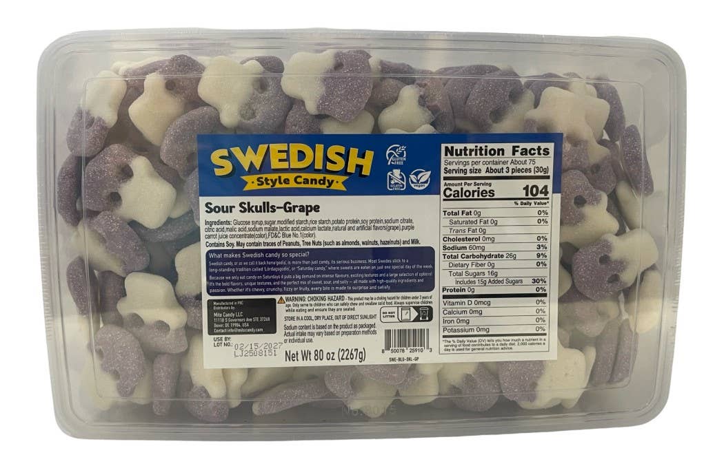 Swedish Style Candy, Sour Skulls Grape, 5lb Bulk Tub