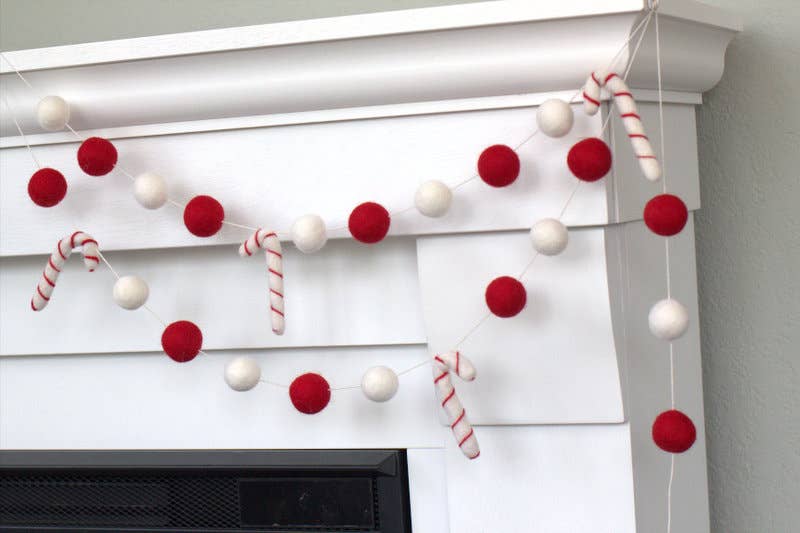 Candy Cane Christmas Felt Ball Garland - Red White