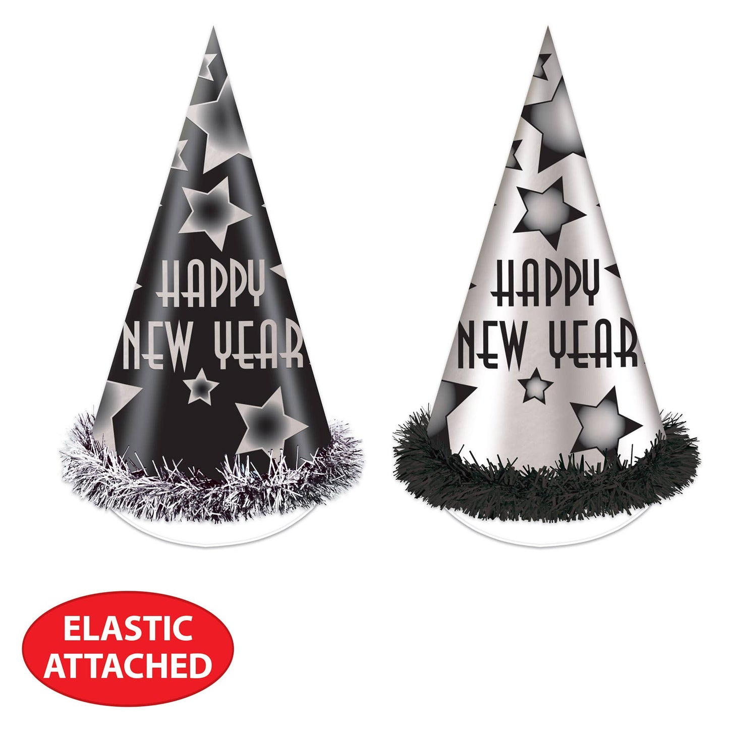 Happy New Year 12" Party Hats, Black & Silver Cone Shaped