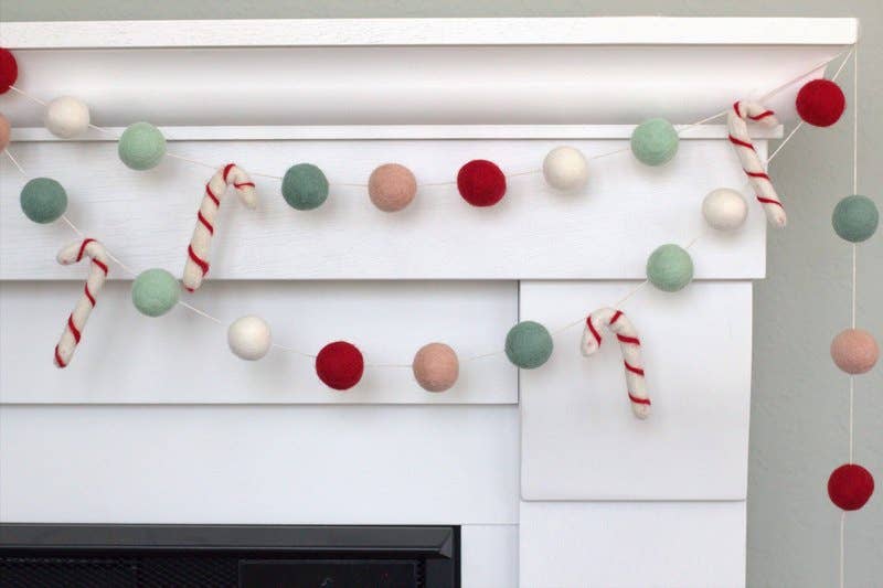 Candy Cane Christmas Felt Ball Garland - Pastel