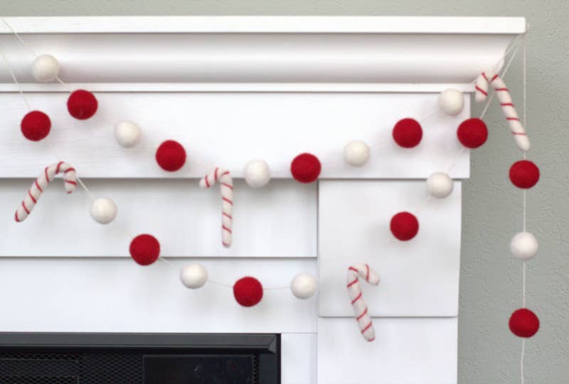 Candy Cane Christmas Felt Ball Garland - Red White