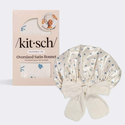 Oversized Satin Bonnet - Pearlized Cream & Coastal Blue Print